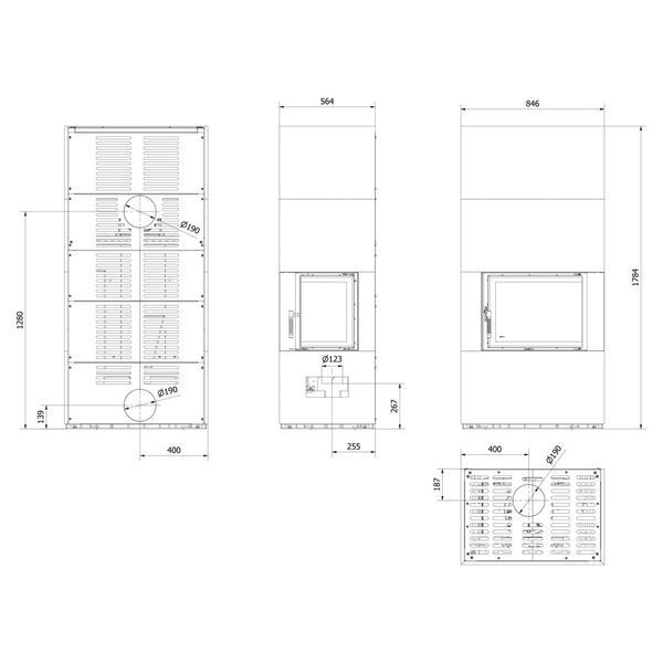 Камін Kratki FLOKI BOX правий 8 kW &Oslash; 160 в обудові з керамограніту OXIDE MORO FLOKI/S/P/Q/O/M фото